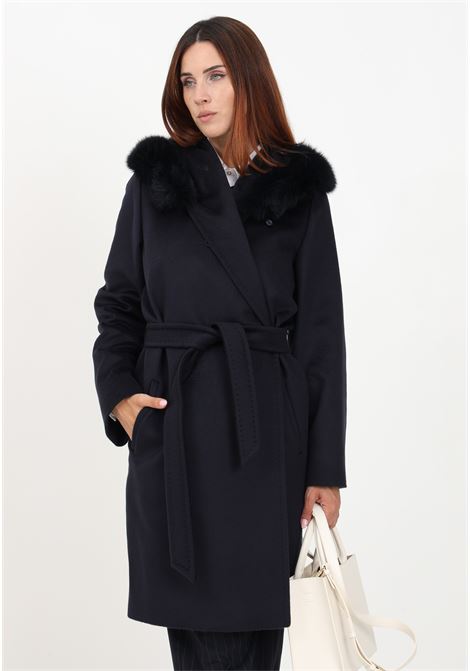 Blue women's coat with hood and fox fur MAX MARA | 2360161139600010